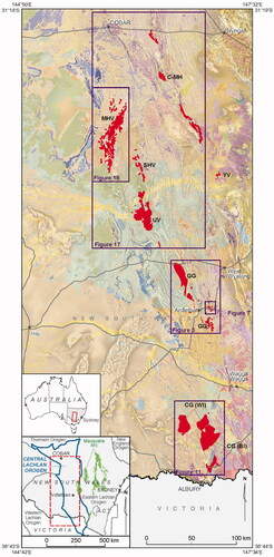 Figure 1. The central Lachlan Orogen volcanic belt highlighted in red overlain on GSNSW Seamless Geology (Colquhoun et al., Citation2019) and total magnetic intensity image, reduced to pole. Abbreviations: BI, Budginigi Ignimbrite; C-MH, Canbelego-Mineral Hill Belt, CG, Culcairn Group; GG, Gurragong Group; MHV, Mount Hope Volcanics; SHV, Shepherds Hill Volcanics; UV, Ural Volcanics; WI, Wallandoon Ignimbrite; YV, Yarnell Volcanics.