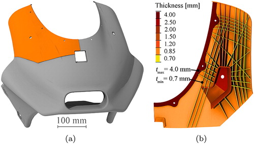 Figure 1. Illustration of (a) racing motorcycle front fairing as well as (b) considered segment in back view showing the socket for mounting on the vehicle and the ribbed reinforcement substructure with exemplary indication of wall thicknesses.