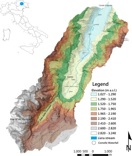Figure 1. Location map and elevation pattern of the Liera catchment.