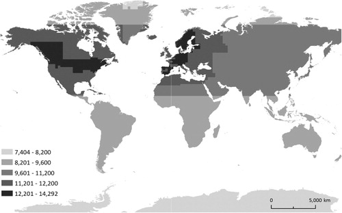 Figure 3. Global spatial extent of the number of WMSs discovered by the GSE.