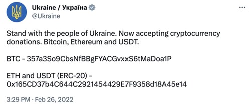 Figure 10. Ukraine government post cryptocurrency addresses on X (formally Twitter).