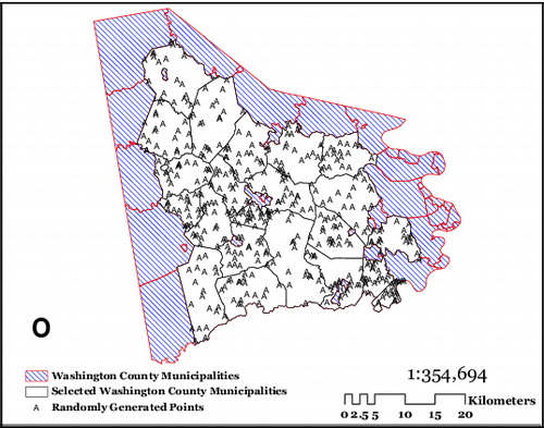 Fig. 2. Distribution of randomly generated sampling points for eligible municipalities of Washington County, Pennsylvania, USA.