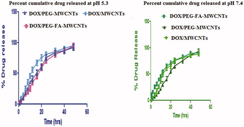 Figure 6. Cumulative percent drug release from various MWCNTs nanoformulations.