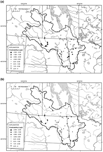 Figure 3. Predictability of Red—Assiniboine River Basin SPARROW models for (a) phosphorus (TP) and (b) nitrogen (TN). Predictability is the difference between observed and predicted loads expressed in units of log 2, which represents the number of doublings of the measured loads at each site (i.e. over-predicted – negative values, upward pointing triangles; under-predicted – positive values, downward pointing triangles).