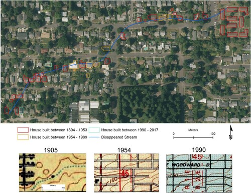 Figure 4. A high-resolution aerial photo showing examples of houses that were built in the proximity of a disappeared stream in the City of Portland, Oregon.