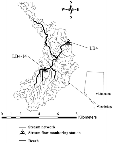 Figure 1. The location of the Watershed Evaluation of Beneficial Management Practices program (WEBs) Lower Little Bow study area; the delineated watershed and the locations of monitoring sites. LB4-14 and LB4 are the upstream and downstream streamflow monitoring sites, respectively. Data from both sites were provided by Agricultural and Agri-Food Canada.