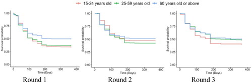 Figure 5. Survival probability of workers in different age groups over the three survey periods.Source: authors' calculations.