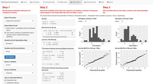 Fig. 6 Independent samples t procedure (hypothesis test and confidence interval) inputs and output using one of the new Decrease variables. Additional inputs and output not shown in the figure are displayed in the app after scrolling down.