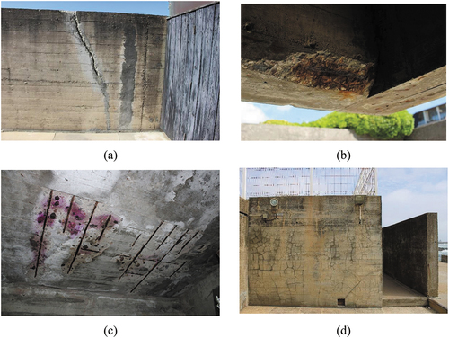 Figure 13. Examples of damage: (a) cracks and repair with the application of mortar; (b) spalling caused by reinforced steel corrosion in a beam; (c) distributed crack pattern; (d) concrete slab severely affected by the corrosion of the reinforced steel.