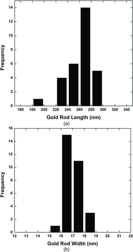 FIG. 2 (a) Histogram of the rod length of the gold nanorod sample after electrospray (ES) mobility size selection at a peak voltage 5530 volts, which corresponds to mobility size ∼67 nm at a sheath flow rate ∼1.333 × 10−4 m3/s (8 L/min), and aerosol flow rate ∼0.117 × 10−4 m3/s (0.7 L/min) using a nano-DMA. (b) Histogram of the rod width of the size selected gold nanorod sample.