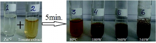 Figure 2. (Colour online) (1) aqueous solution of zinc nitrate; (2) tomato extract; (3–6) colour change under different microwave power.