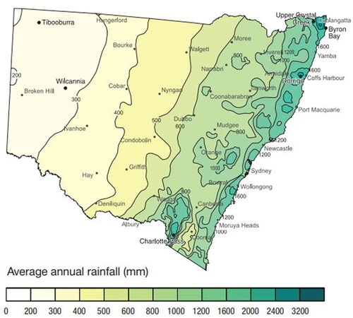 Fig. 2. Four distinct climate zones: the coastal belt, the ranges and tablelands of the Great Dividing Range, the Western slopes and plains, and the arid plains of New South Wales, Australia.