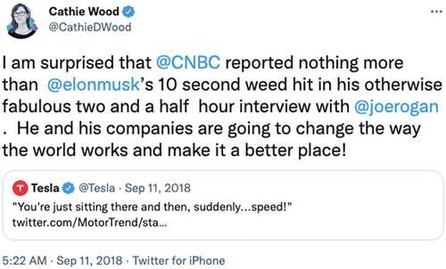 Figure 2. Tweet by celebrity investor Cathie Wood stating her support for Musk’s ventures.