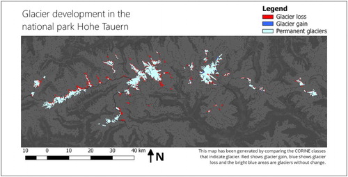 Figure 8. A thematic map showing glacier developments in the Hohe Tauern national park. The information product was generated automatically and online using CLC/land use classes. The basemap is copyrighted by OpenStreetMap contributors and available from https://www.openstreetmap.org/.