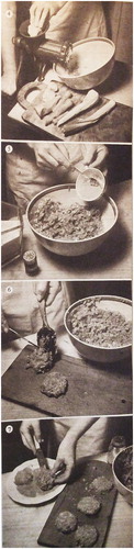 Figure 1. Image from Husmodern (1943) of the different steps to prepare a vegetable mince. Facsimile reproduced with kind permission from Bonnier Tidskrifter.