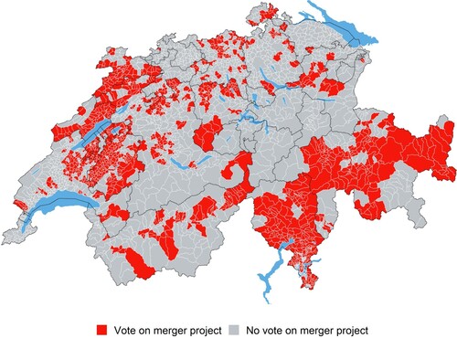 Figure 1. Swiss municipalities that voted on a municipal merger project, 2000–20.Note: Municipal boundaries for year 2000 are shown in white; cantonal boundaries are outlined in black.