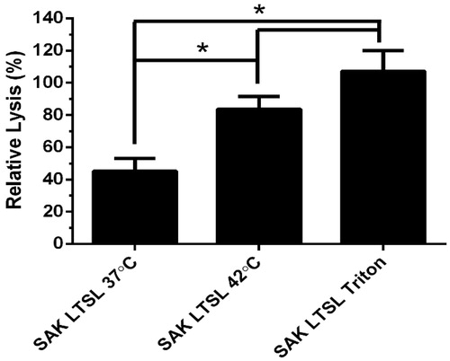 Figure 3. Thrombolytic activity of the SAK LTSL as determined by the whole blood clot lysis assay. The SAK LTSL demonstrated significantly higher clot lysis with heating than without, but there was no significant difference in clot lysis between heated or fully lysed SAK LTSL and the free enzyme positive control. Data are mean ± SEM, n = 4, p < 0.05, Neuman-Keuls post-hoc test. *significant difference.