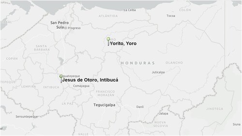 Figure 1. A map of Honduras showing the two rural municipalities in which the study was conducted, including Jesús de Otoro in the department of Intibucá and Yorito in the department of Yoro.Source: Esri.