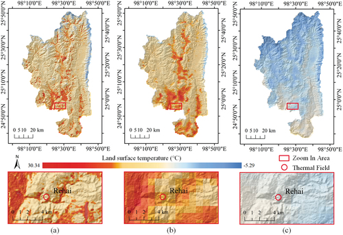 Figure 5. Comparison of GLST (a) Landsat-GLST; (b) MODIS-DLST; and (c) MODIS-NLST.