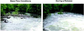 Figure 2. Photographs depicting the Indian River below the Abanakee Dam at base flow (left-hand side) and during a recreational release (right-hand side).