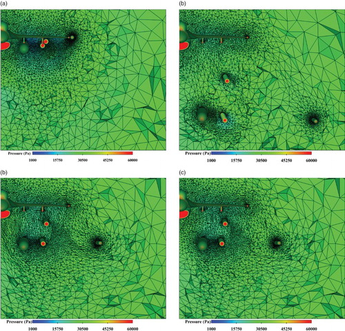 Figure 17. Cut views of the volume grids for the fully-loaded F16 aircraft store separation case at different times for: (a) ts = 0.000 s, (b) ts = 0.300 s, (c) ts = 0.147 s before local remeshing, and (d) ts = 0.147 s after local remeshing.