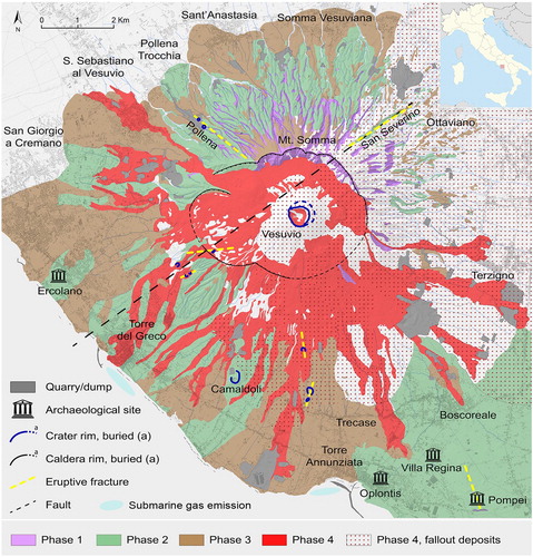 Figure 3. Geological and structural sketch map of Somma-Vesuvius. Submarine gas emission areas from CitationCaliro, Chiodini, Avino, Cardellini, and Frondini (2005).