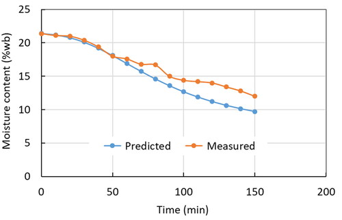 Figure 7. Comparison between predicted and measured moisture content of rice grain with drying time.