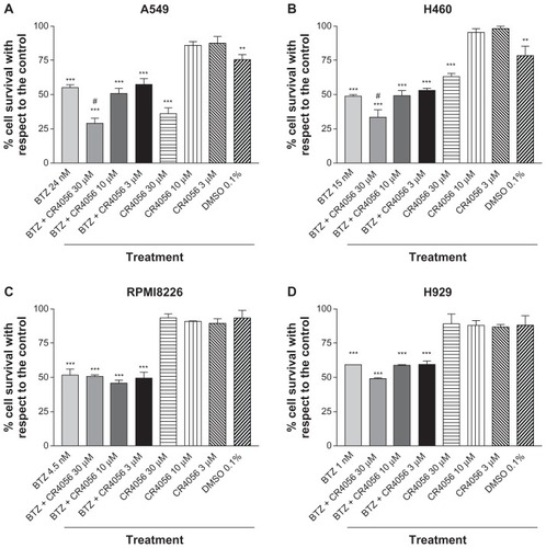 Figure 6 Cytotoxicity effect of bortezomib (BTZ) and CR4056 in (A) A549, (B) H460, (C) RPMI 8226, and (D) H929 cell lines.