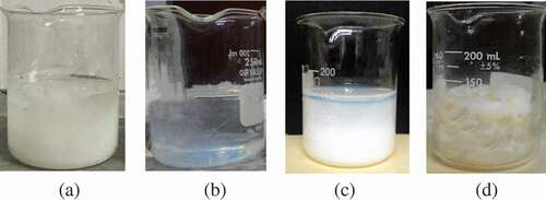Figure 2. Effect of UV-C exposure time: (a) 4 h, (b) 6 h, (c) 8 h, and (d) 10 h (AN:MAA of 80:20, crosslinking agent of 1 g/100 mL and H2O2 of 60 mL).