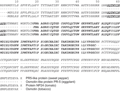 Figure 1. Amino acid sequences of osmotin and osmotin-like proteins. Italicized/bold/underlined, AQUA peptide; italicized/bold, identical amino acids among all proteins; italicized, identical amino acids among all proteins except osmotin-like protein PR-5.