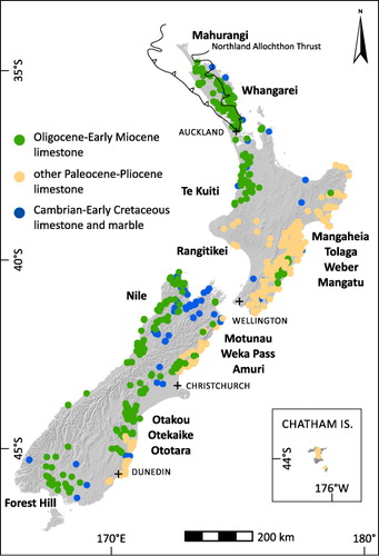 Figure 1 Location of analysed New Zealand limestones referred to in the text.