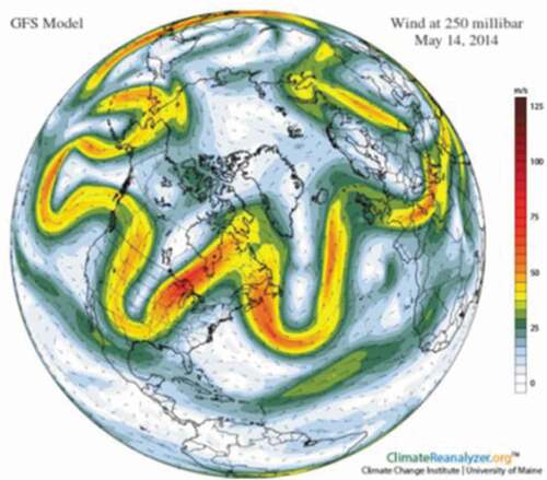 Figure 2. Wandering jet stream on May 14, 2014. Colors represent wind at 250 millibars from the GFS Model. (Credit: Climate Change Institute).