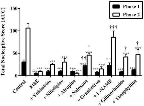 Figure 6. Effect of pretreatment of mice with yohimbine (3 mg/kg, p.o.), nifedipine (10 mg/kg, p.o.), atropine (5 mg/kg, i.p.), naloxone (2 mg/kg i.p.), granisetron (2 mg/kg, p.o.), L-NAME (10 mg/kg, i.p), glibenclamide (8 mg/kg, p.o.) and theophylline (10 mg/kg, i.p.) on the total nociceptive score of EthE (100 mg/kg, p.o.) in phase 1 and phase 2 of formalin-induced nociception. Each column represents the mean of five animals and the error bars indicate SEM. ***p < 0.001 compared to control group and †††p < 0.001, ††p < 0.01 and †p < 0.05 compared to EthE-alone-treated group (one-way ANOVA followed by Newman–Keuls post hoc test).