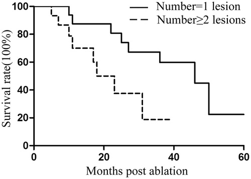 Figure 5. Kaplan–Meier estimates of the overall survival (OS) for 32 patients divided into two subgroups according to tumour number (p = .030). Continuous line: patients with one lesion; dotted line, patients with >1 lesions.