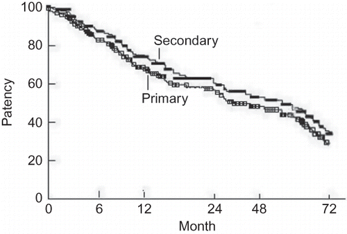 Figure 1. Kaplan–Meier survival curves for fistula primary and secondary patency rates in 6-year follow-up.
