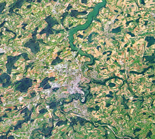 Figure 6. A section of the Swisstopo (Citation2013) Landsat image with a resolution of 25 m, covering the study area of Fribourg, Switzerland. Reproduced with permission of Swisstopo (BA13016).