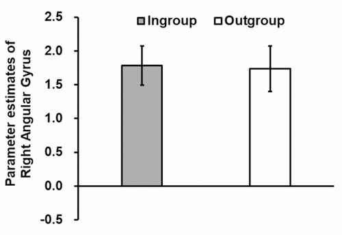Figure 4. Parameter estimates of the right angular gyrus under the in group and outgroup conditions (error bars show SEMs).