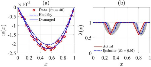 Figure 11. Damage identification of a simply-supported Euler-Bernoulli beam by using proposed method with two damaged area across the beam (a): beam responses and data points, (b): identification result.