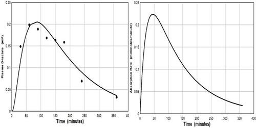 Figure 4 Left panel: De Vrese and BarthCitation40 experimental plasma D-lactate concentration following ingestion of 74 mmole of D-lactate as yoghurt (solid circles) versus the PBPK model prediction (solid line) for the normal whole body clearance of 607 mL/min. Right panel: The intestinal absorption rate used to generate the PBPK model plasma concentration (total absorption of 38.2 millimoles D-lactate, with absorption rate described by Equationeq. 3(3) : TT= 21.6 and TA = 116 minutes).