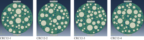 Figure 10. CRC 18 specimens with four different types of stone and rubber particle distribution.