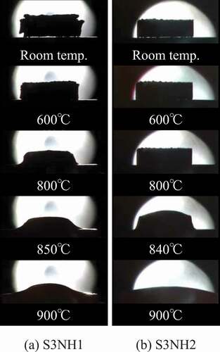 Figure 4. Snapshots of the compression moldings of S3NH1 and S3NH2 in the furnace at the room temperature, 600°C, 800°C, 840–850°C, and 900°C.