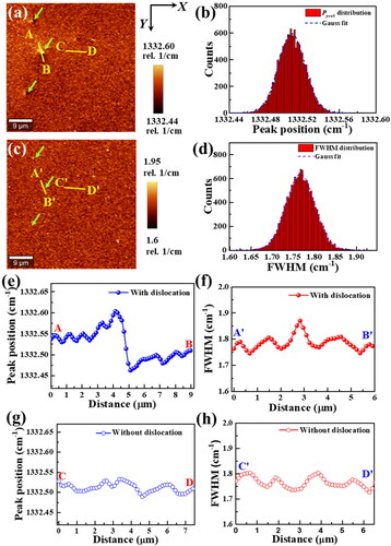 Figure 4. Raman imaging in the X-Y plane of an area of 50×50 µm2 in the SCD epilayer after the etching treatment for 50 h. (a) 2D image of the Raman peak position (Ppeak) distribution of the Raman spectra. Dislocations are marked by the green arrows. The line A-B goes cross the area with one dislocation, while the line C-D goes cross the area without one dislocation. (b) Histogram distribution of Raman Ppeak. (c) 2D image of full width at half maximum (FWHM) distribution of the Raman spectra. Dislocations are also marked by the green arrows. The line A′-B′ goes cross the area with one dislocation, while the line C′-D′ goes cross the area without one dislocation. (e) and (g) Dependences of Ppeak on the distance from A point to B point and the distance from C point to D point, respectively, marked in (a). (f) and (h) Dependences of FWHM on the distance from A′ point to B′ point and the distance from C point to D point, respectively, marked in (b).