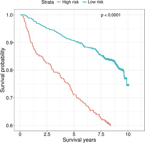Figure 6. Kaplan-Meier curves of predicted high and low mortality risk groups among people living with HIV