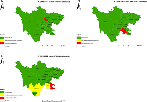 Figure 2 2016–2022 Hot spots of HIV recent cases among mSTD at city level by year. (A) Sichuan province, 2016–2017. (B) Sichuan province, 2018–2019. (C) Sichuan province, 2020–2022.