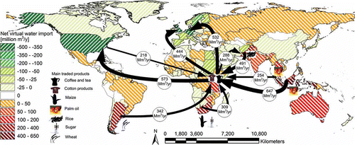 Figure 4. Global map showing countries with net virtual water import because of agricultural products imported from Kenya (green areas, Display full size) and countries with net virtual water export because of agricultural products exported to Kenya (orange areas, Display full size) in 1996–2005. The arrows represent the biggest gross virtual water flows from and to Kenya (>200 million m3/y).