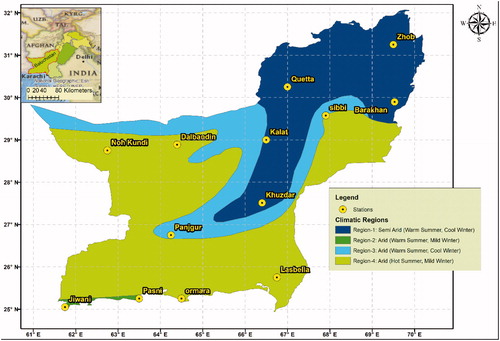 Fig. 1. Study area and location of selected PMD stations in Baluchistan with regional distribution (Pakistan Climate Map, 2013).