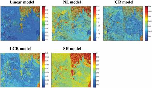 Figure 16. Maps of MRR error (RRMSE) in the spatial dimension for AVIRIS Data