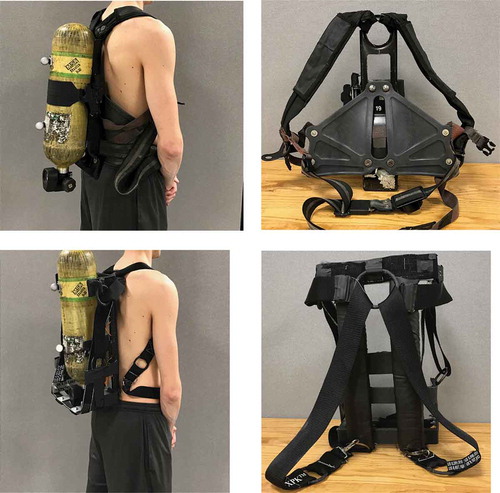 Figure 1. 1a (top: left and right). Traditional harness with padded shoulder straps and plastic frame attaching to tank clamp, and 1b (bottom: left and right). xPk® harness with aluminum frame with shoulder straps and padded back supports.