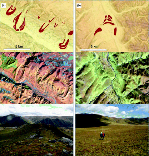 Figure 5. Marginal moraines from (a) Kuzhaori and (b) Nata shown as mapped features on a DEM draped with a semi-transparent slope image (upper panels), Landsat images (middle panels), and photographs taken in the field (lower panels). Locations of panel 5a and 5b are detailed in Figure 3.