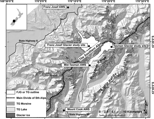 FIGURE 1 Location map of the Tasman Glacier (TG) and Franz Josef Glacier (FJG) study sites in relation to the Main Divide of the Southern Alps, and location of other automatic weather stations (AWSs) utilized in the study.